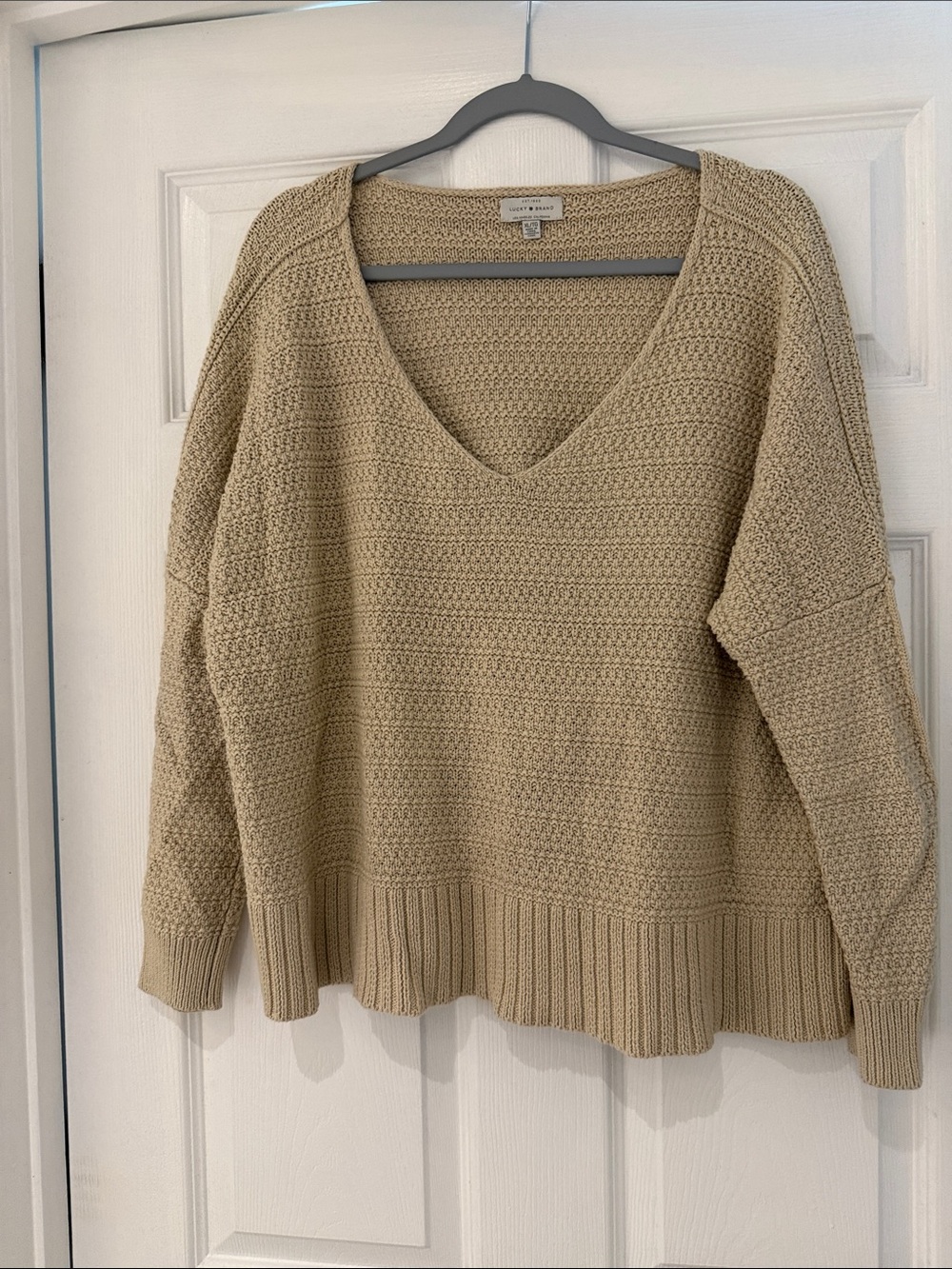 Lucky Brand Crochet-Texture V-Neck Sweater in Tan